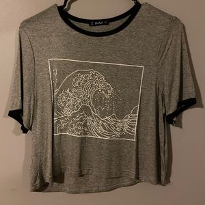 Grey crop top with ‘Great Wave off Kanagawa’ decal
